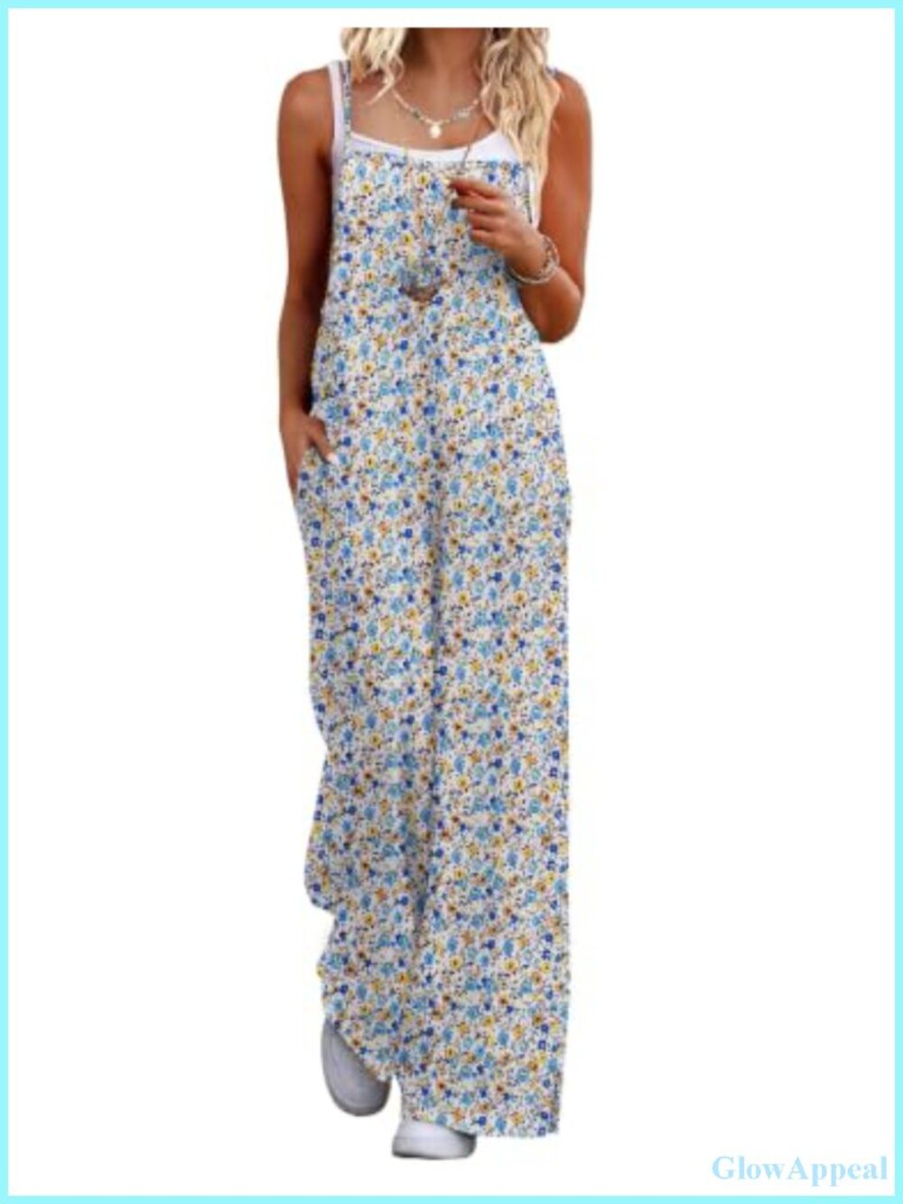 Women's Floral Boho Wide Leg Jumpsuit Romper with Pockets Adjustable Straps